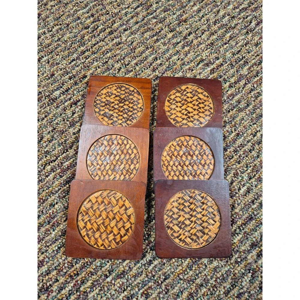 Vintage Wood and Woven Rattan Coaster‎ Set w Matching Holder 6 Piece Boho Decor